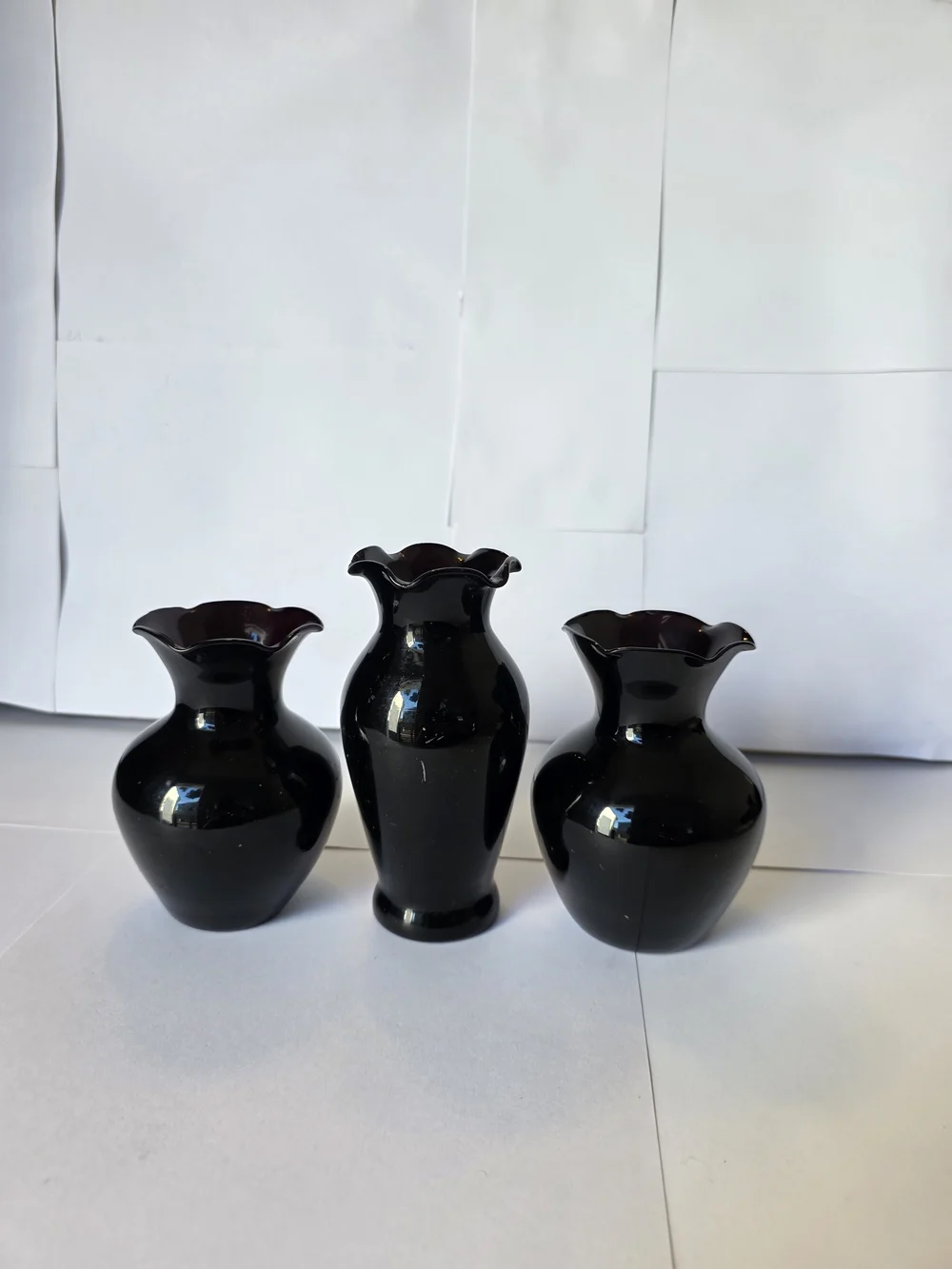 Vintage Black Amethyst Glass Vase Set 3 Ruffled Edge Flower Vases